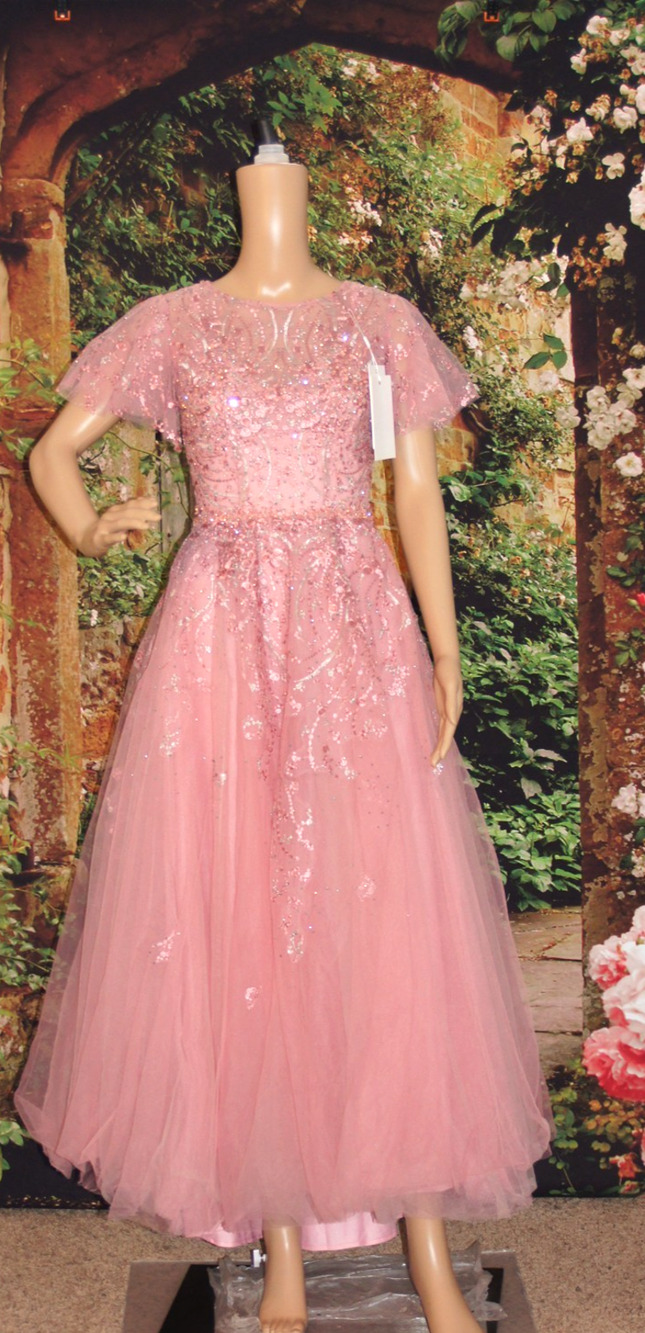 Mac Duggal 11224 Embellished Cap Sleeve Tulle Gown Pink Salmon Dress Womens 2